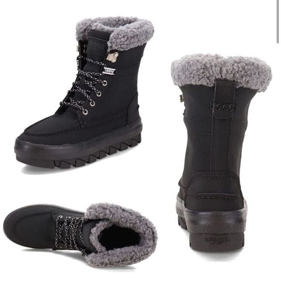 Sperry Juneau High Top Hiking Boot Faux Fur Collar Black Suede 7.5 NWOB - Picture 3 of 3